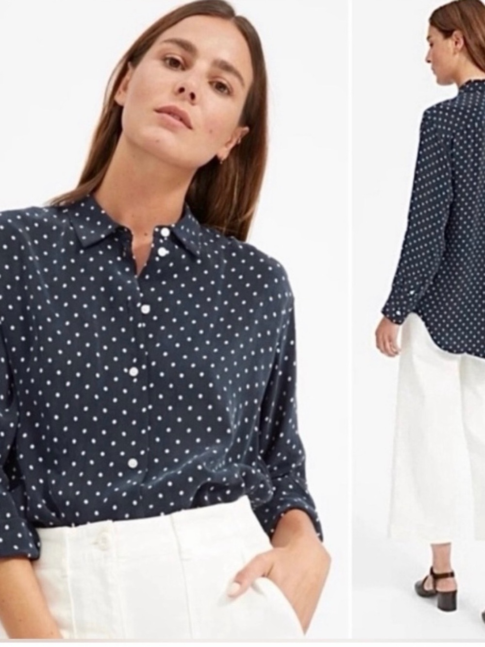 Chaps Women’s Navy and White Polka Dot Button-Down Shirt